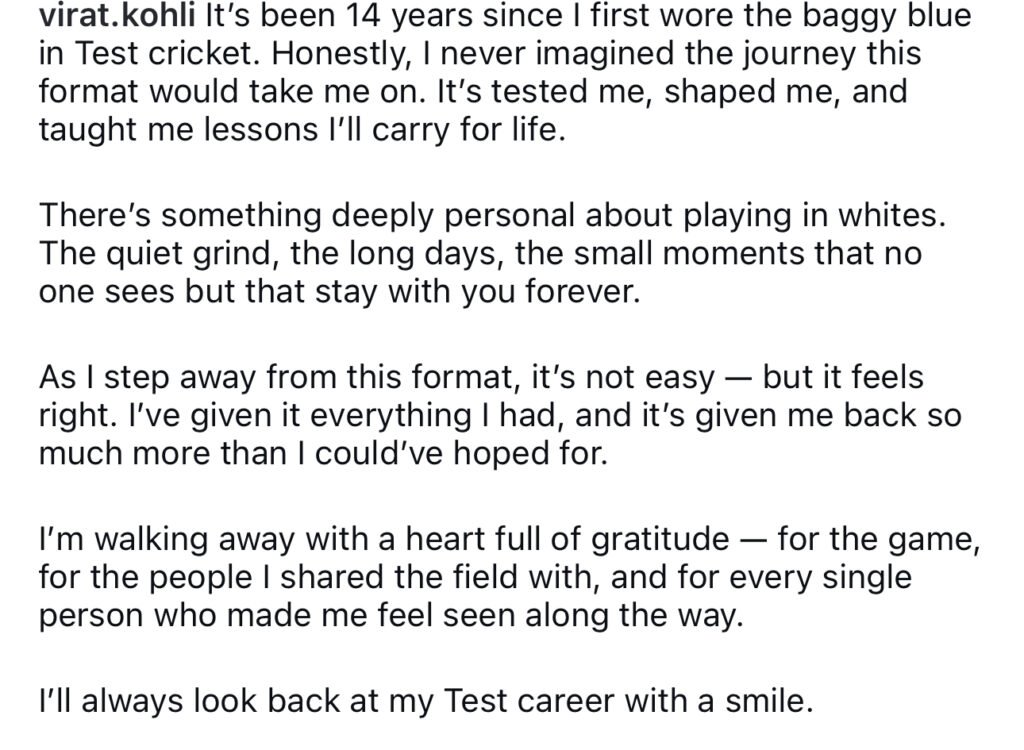 VIRAT KOHLI RETIREMENT POST ON INSTAGRAM